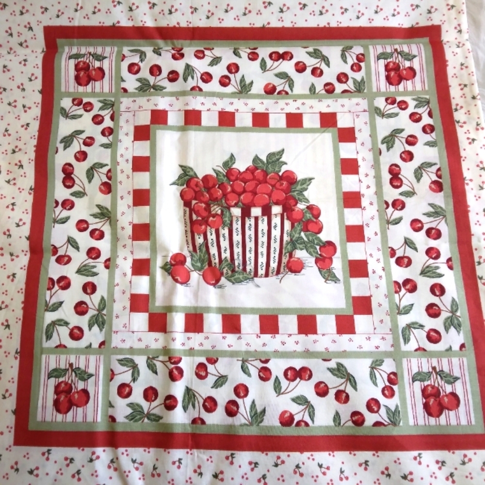 FABRIC PILLOW PANELS with border, 3 Cherry Baskets, 3 Teapots